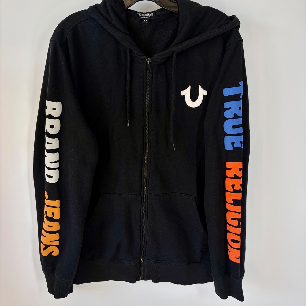 True Religion Hoodie Mens Large Black Zip Up Graphic Sleeve Logo Sweatshirt